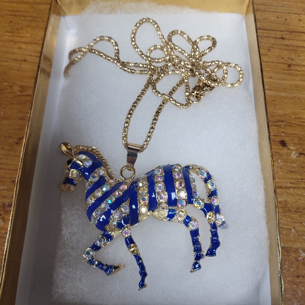 Gold and Blue Zebra Pendant Necklace